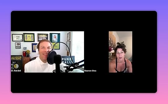 Clear screenshot of a podcast video call: host at a home studio on the left and the guest smiling and facing the camera in a vertical window at right.