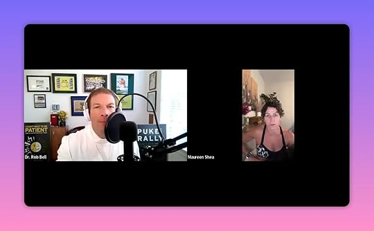 High-quality podcast screenshot showing host at microphone and guest in vertical video window