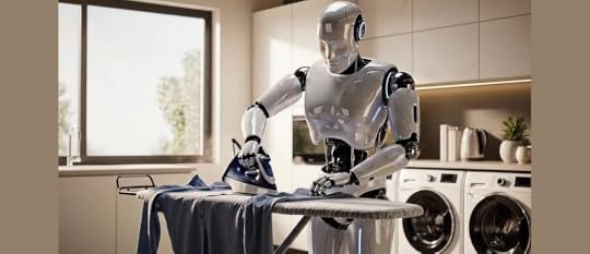 A humanoid robot ironing a shirt