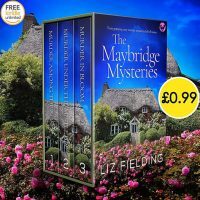 Box Set of The Maybridge Mysteries, a thatched cottage surrounded by flowers against a blue sky.
