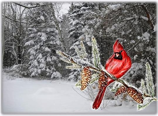 Cardinal Painting Layered on Winter Scene Photo retouched resized