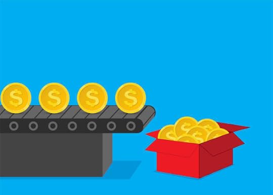 Conveyor belt moving gold coins into a box — systematized financial miracles.