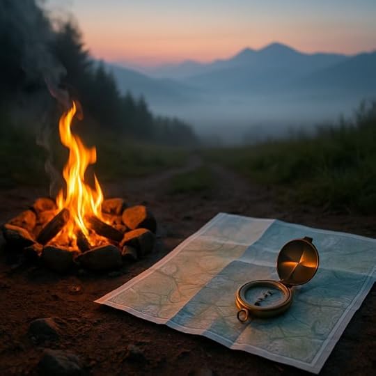 mission statement vs vision — a small campfire beside a map and brass compass on a mountain trail at dawn.