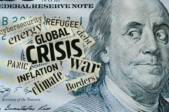 Collage of alarming news headlines layered on a US hundred-dollar bill, representing media-driven fear loops.