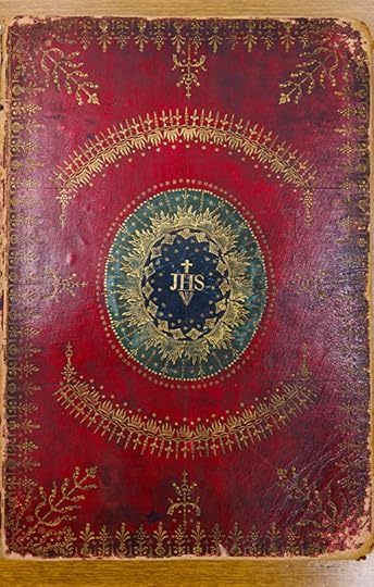 A brightly lit photo of the red leather cover of the 