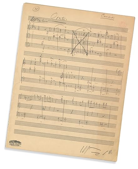 Handwritten orchestral score on aged sheet music paper labeled “Overture,” with musical notation and a large “X” crossing out one section.