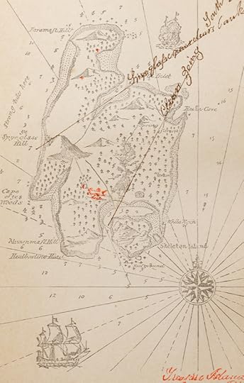 A pen-and-ink map of an island, with names of various places such as Spyglass Hill and Skeleton Island.