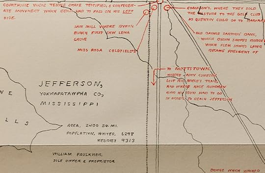 A sketched out map, in blacka and red ink, of a town and county, with various events marked and described.