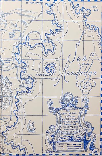 In blue ink, a sketch of an old-fashioned maritime map of a fictional sea with several islands, and a key to the map at the bottom right.