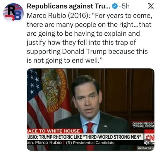 A screenshot of a social media post from “Republicans against Trump.” The post quotes Marco Rubio from 2016 criticizing Donald Trump. Below the text is a CNN interview screenshot showing a man in a suit speaking with U.S. and Florida flags behind him. The on-screen chyron reads: “RUBIO: TRUMP RHETORIC LIKE ‘THIRD-WORLD STRONG MEN’” and “Sen. Marco Rubio (R) Presidential Candidate.”