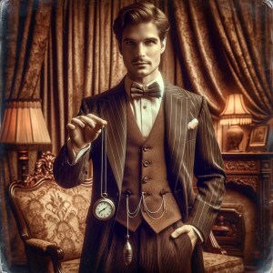 Victorian era hypnotist holding up a watch on a chain