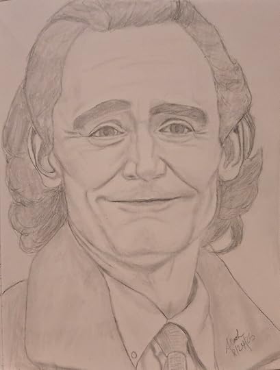 A pencil sketch of Tom Hiddleston as the character of Loki in the Loki television series.
