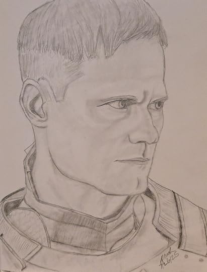 A pencil sketch of Alexander Skarsgaard as the character Murderbot in the Murderbot television series.