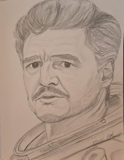 A pencil sketch of Pedro Pascal as Reed Richards in the movie The Fantastic Four: First Steps.