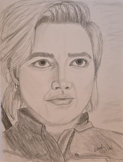 A pencil sketch of Florence Pugh as Yelena Bolova in the movie Thunderbolts*.