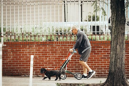 An elderly man walks with his dog.