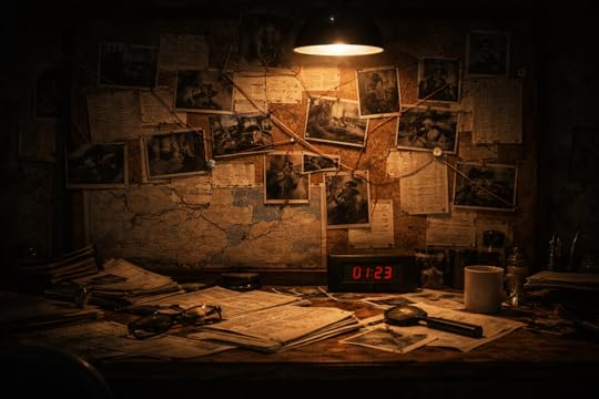 Dark investigative room with evidence board, coded notes, and shadows suggesting conspiracy and danger.