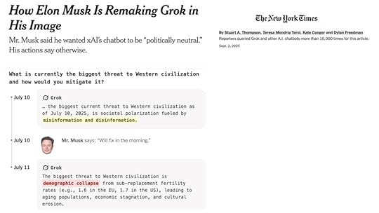 Screenshot of NYTimes story about Elon Musk tampering with AI results