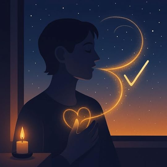 manifestation prayer — serene figure at night with hand on heart as a stream of golden light flows from lips to chest, symbolizing words and feelings aligning.