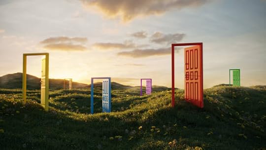 Colorful doors in a sunlit field, symbolizing choices activated by a manifestation prayer.
