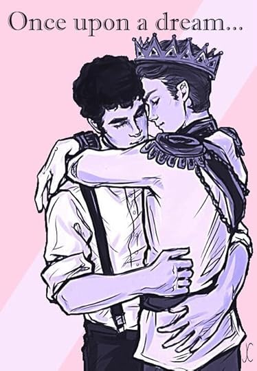 This may contain: two people hugging each other with the caption'one upon a dream'above them