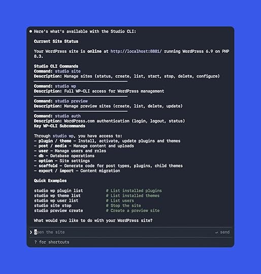 Screenshot of WordPress Studio CLI output.
