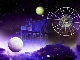 A futuristic house in a cosmic landscape featuring planets and a circular zodiac wheel.