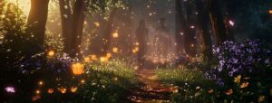a dark forest with lights and other-dimensional humans walking with sparkles of light and floral lanterns