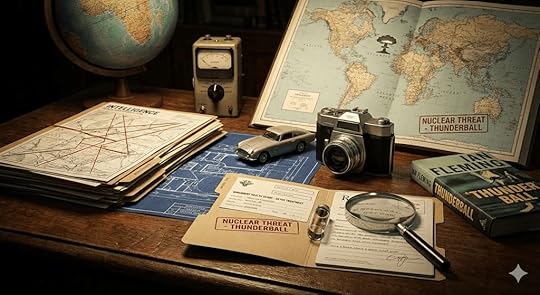Image of a dossier showing a nuclear threat on a table containing James Bond paraphanalia.