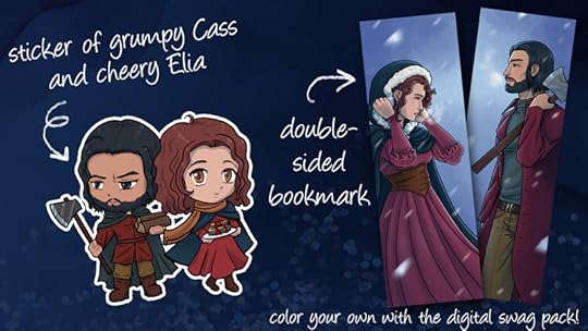 A picture depicting a chibi style sticker of Cass and Elia, next to an image of both sides of the double sided bookmark. One side shows Elia. The other side shows Cass.