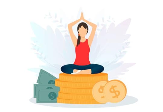 Woman meditating on stacked coins with cash behind—how to shift your money mindset with calm focus.