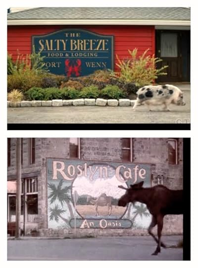 The Salty Breeze food and lodging sign in Port Wenn with a pig walking by.