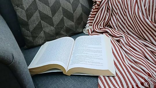 Close-up of open book on grey chair and cream-and-red striped blanket