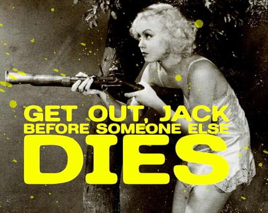 A vintage black and white photo of a man brandishing a gun. The woman is saying, 