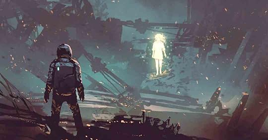 Spaceman and girl ghost in space station wreckage