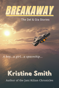 A winged spaceship departing an Earth-like world and heading towards space. It's flying over a body of water, headed in the direction of the planet's sun. Everything is shaded in browns and golds. Beneath the title, Breakaway, is the subtitle 