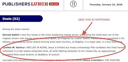 A screenshot of a Publishers Lunch Deluxe deal report from January 22, 2026. A red circle and arrow highlight a book deal for Cynthia W. Gentry's 