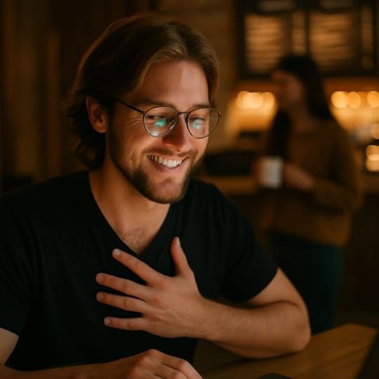 mental rehearsing — joyful creator in a cozy café with hand on heart, screen glow off-frame lighting his face as a partner waits with tea in the background.
