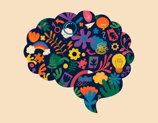 mental rehearsing — vibrant brain silhouette filled with icons of ideas, emotions, and habits.