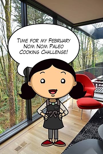 A cartoon Michelle Tam is in a living room overlooking the forest as she announces the February 2026 Nom Nom Paleo Cooking Challenge.