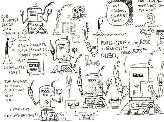 Various scratchy drawings and notes in a sketchbook. Mainly of a heavy metallic robot named 'Dangerbot 900'