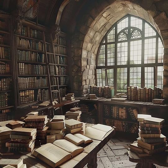 Sunlit library with floor-to-ceiling bookshelves and stacks of open books scattered across a wooden table beneath an arched stone window, representing the world-building and character creation process for Exit Strategy
