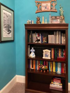 4-shelf bookcase with most shelves full of journals, with some small pictures and personal items sharing the space. Some Statue of Liberty pictures and Lego kits sit on the top shelf.