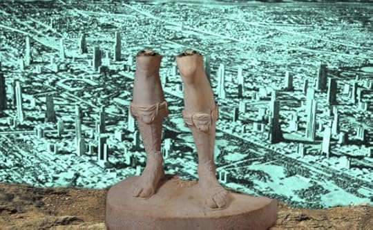 A pair of broken off statue legs, shod in Roman sandals, atop a cliff. Behind them, we see a futuristic city.