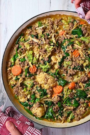 An overhead shot of the finished skillet ground beef and potatoes dish, ready to serve.