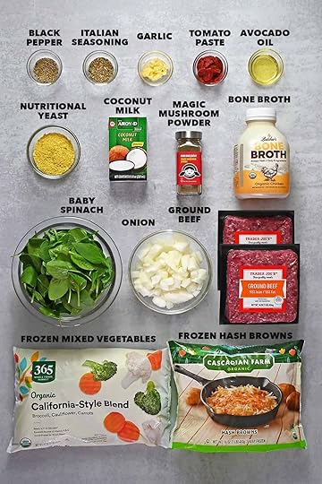 An overhead look of the raw ingredients to make an easy one-skillet ground beef and potatoes recipe that is a wholesome remake of Hamburger Helper.