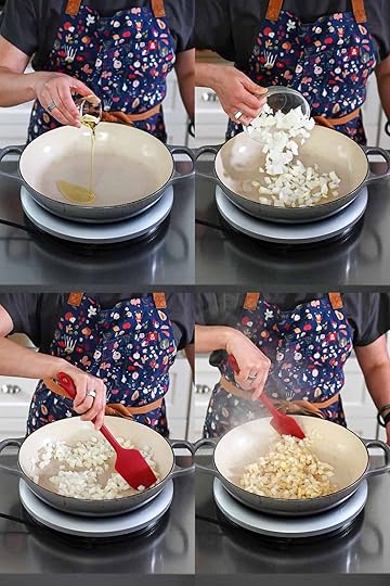 Four sequential photos that show someone in a blue apron adding avocado oil to a large skillet, followed by some diced onions.