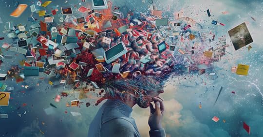 Surreal illustration of a person in profile with their hand on their chin, while their head/brain bursts outward into a cloud of flying papers, screens, notes, and colorful debris against a cloudy sky.