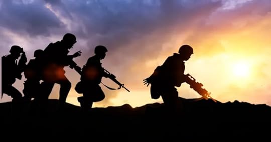 soldiers at dawn, mountains in background