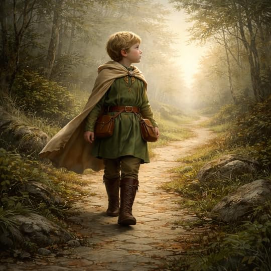 Caelen walking along a narrow path toward soft daylight.